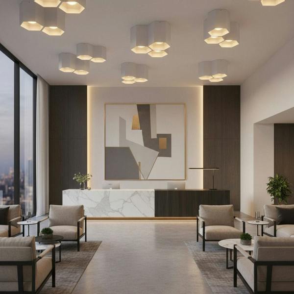 white modern flush ceiling lighnt mounted on the ceiling in a hotel reception