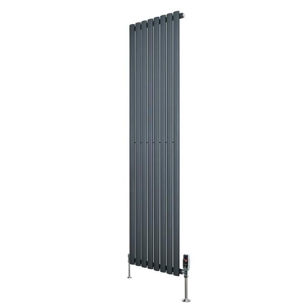 Sleek anthracite grey oval single column radiator, 1800mm x 480mm, featuring vertical slats and modern valve design for efficient heating