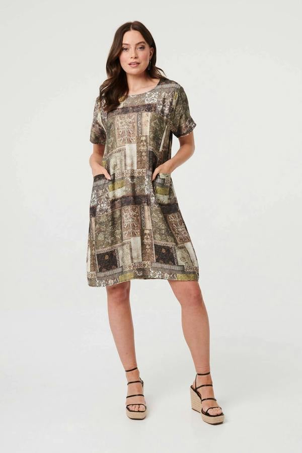 Khaki | Patchwork Pocket Knee Length Shift Dress
