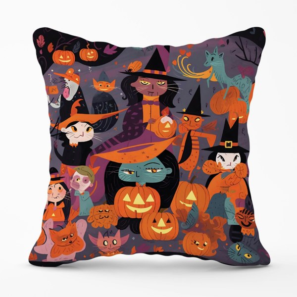 Warren Reed A Vibrant Illustration Of Witches And Pumpkin Cushions