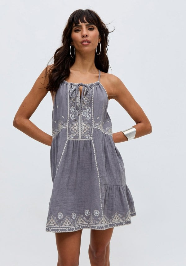 Jen Tiered All Over Embroidered Mini Dress In Grey