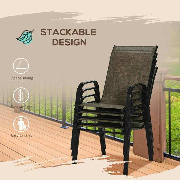 Stackable mesh seat chair in mixed brown with black frame and curved armrests