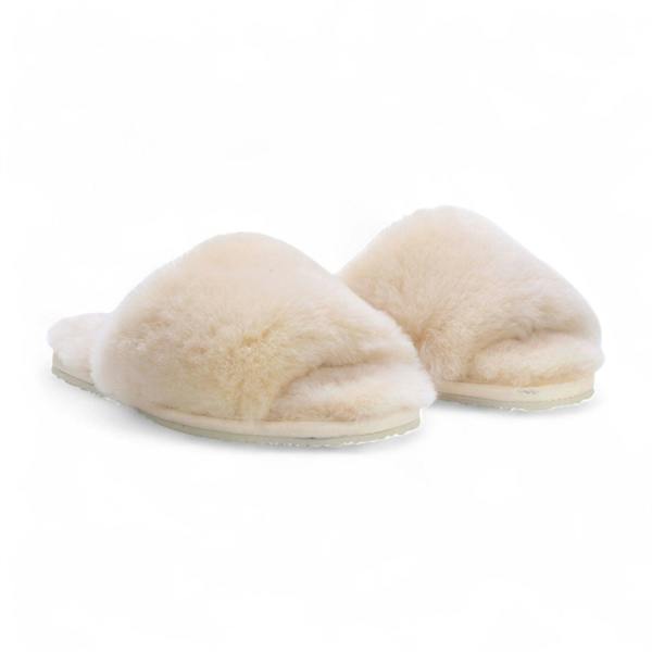 Infinity Leather Women's Sheepskin Slippers Beige Warm Winter Fur Sliders - Nordic