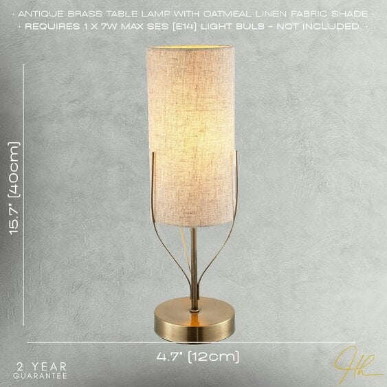 Happy Homewares Sleek Antique Brass Metal Table Lamp with Cylindrical Linen Shade