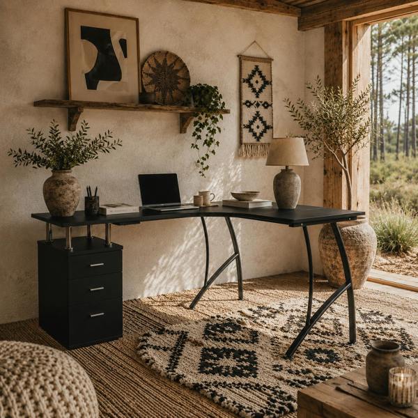 Wyld Haus Keba 143cm Metal Black Industrial L Shaped Desk With Storage Drawer