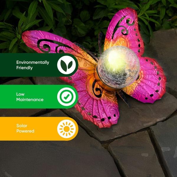 Gardenwize Solar Garden Ornament – Metal Sunset Butterfly with LED Crackle Glass Ball