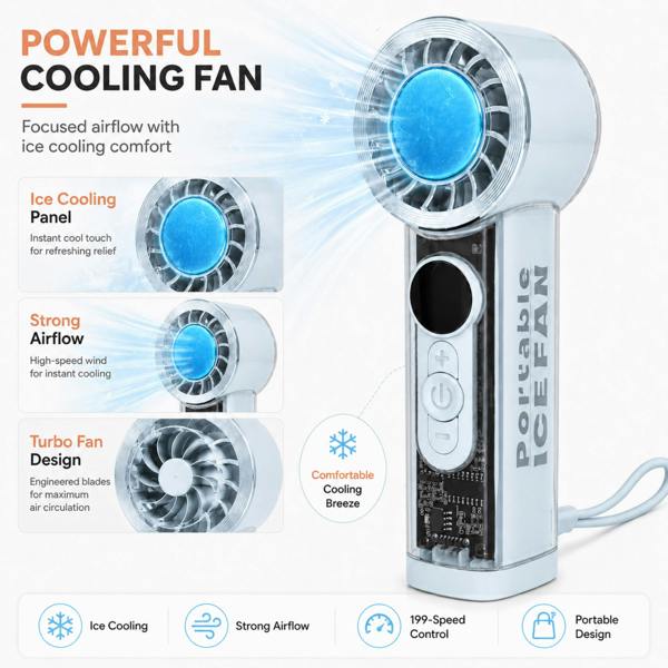 Dyzi Portable Ice Cooling Handheld Fan 199 Speed USB Rechargeable