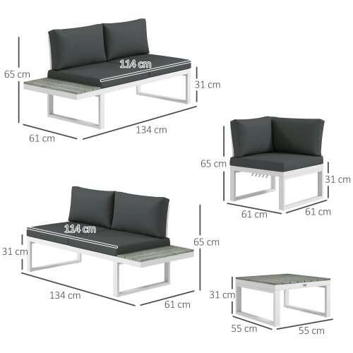 Wyld Haus Vayo Metal White Frame 5 Seater Reclining Corner Garden Sofa Set With Wood Effect Table And Grey Cushions