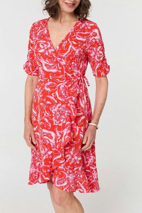Orange | Printed Frill Wrap Knee Length Dress
