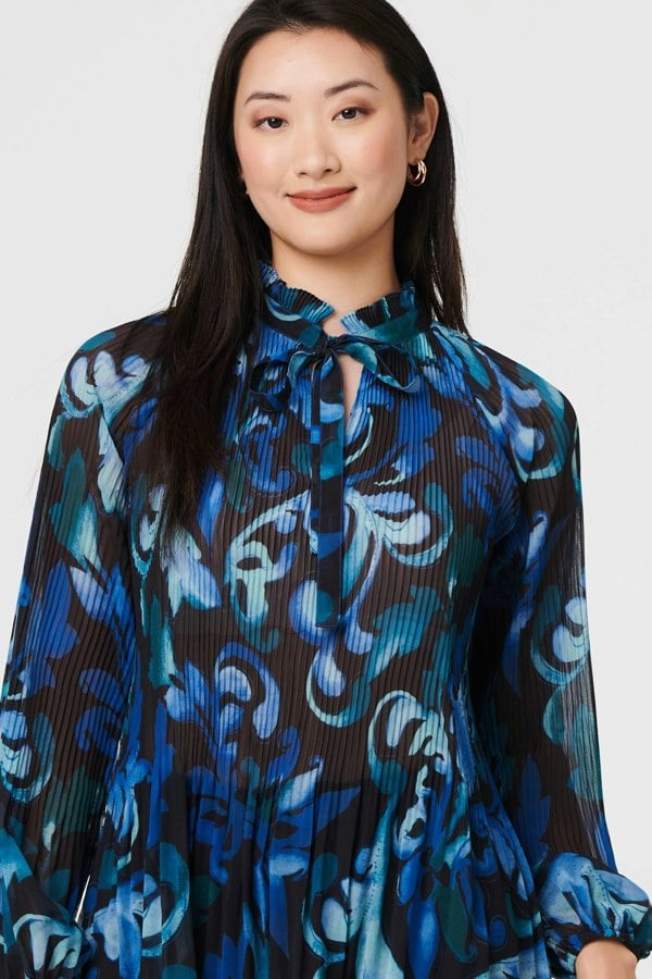 Blue | Printed Pleated Long Sleeve Tunic Blouse
