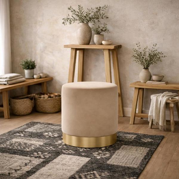 Wyld Haus Kalua Small Beige Velvet Stool Gold Base