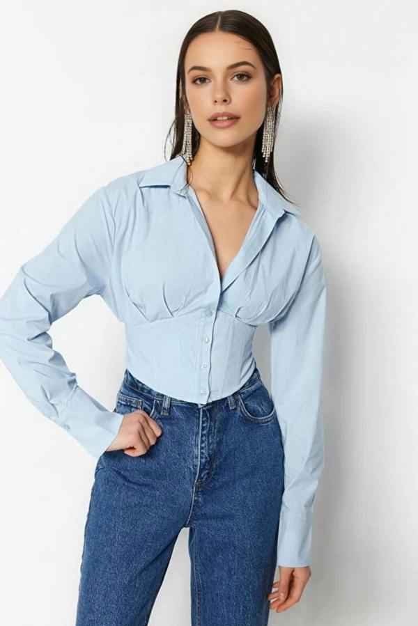 WOVCOR Crop Woven Poplin Shirt with Corset Detail