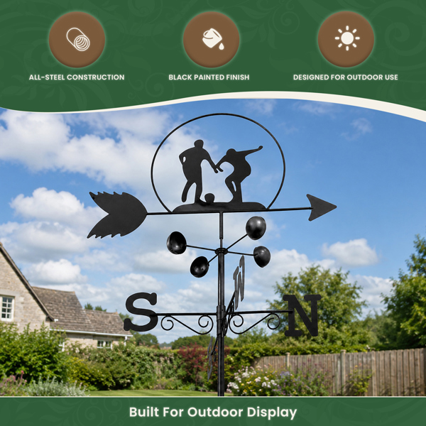 Footballer Weathervane, All-Steel Black Painted Weather Vane With Wall Fixings and Ground Spike, Quick Self-Assembly