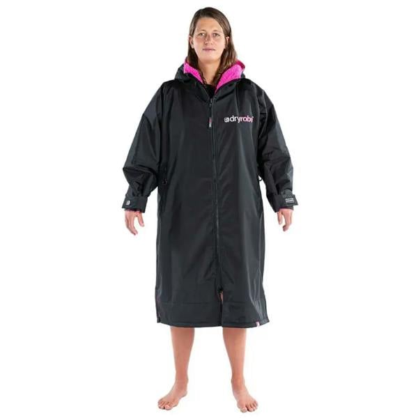 Black and pink Dryrobe Advance hooded wetsuit cover-up with synthetic lambswool lining