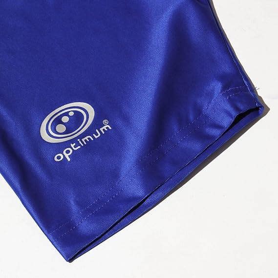 Close-up of royal blue Optimum Multi-X shorts leg hem with white Optimum logo - Optimum