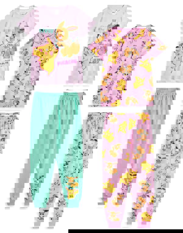 Pokemon Girls Pink Pikachu & Eevee Multi-Pack of 2 Short Sleeve Long Leg Pyjama Set