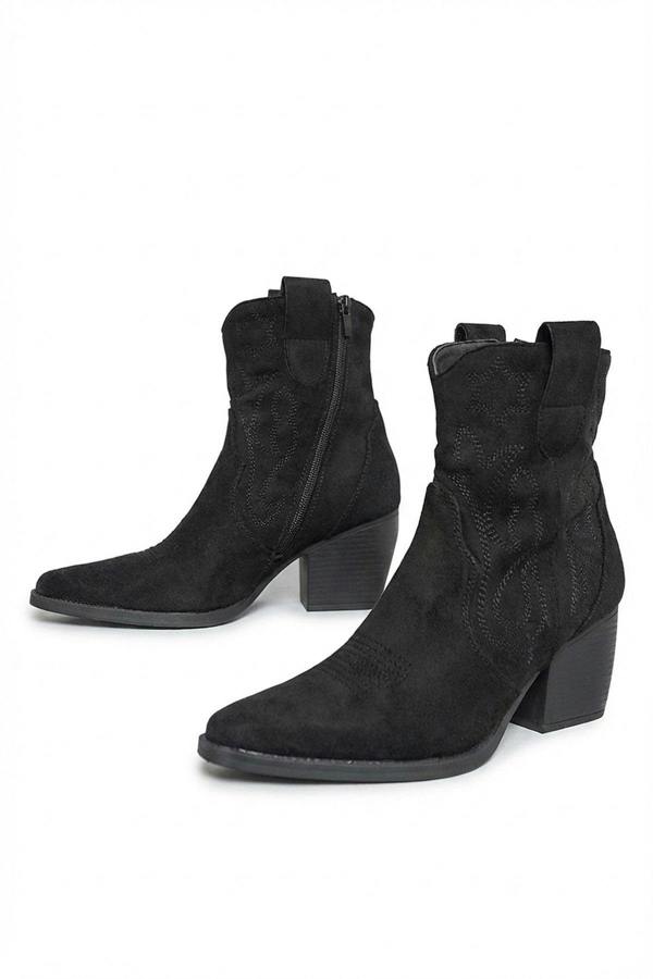 Laura Suede Cowboy Ankle Length Boots - Black_wb