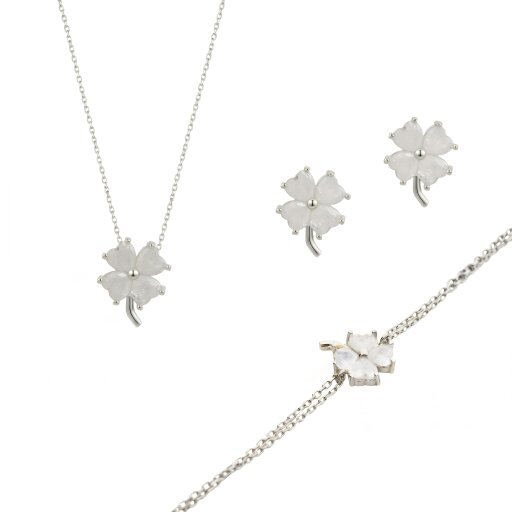 Spero London Best of Luck Four Leaves Clover Sterling Silver Bracelet Necklace and Stud Earring Set - White - Silver