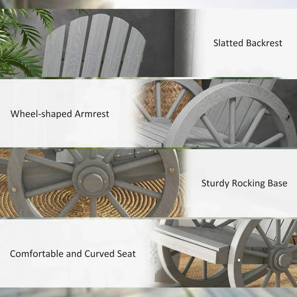 Grey rocking armchair detail view: slatted back, wheel-shaped armrest, rocking base