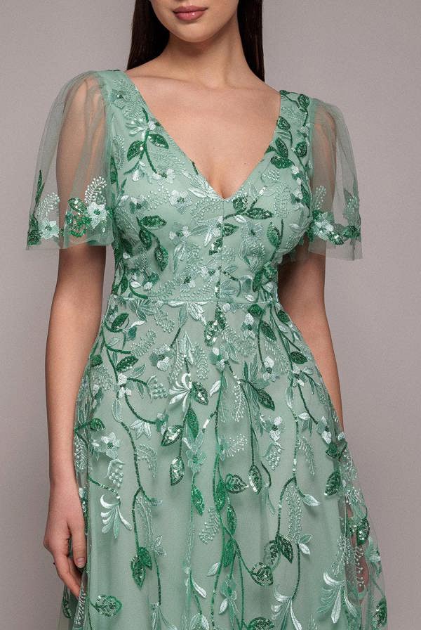Flared Sleeve Embroidered Maxi Dress - Sage Green DR3279