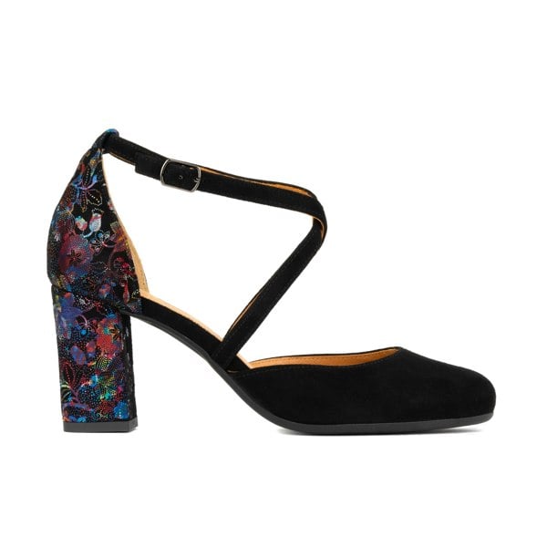 Embassy London Kylie - Black Flower - Women's strappy 3 inch heel in black suede leather