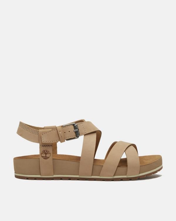 Timberland Malibu Waves Cross Strap Nubuck Womens Sandals - Mid Beige | CHO | Designer Womens Flat Sandals