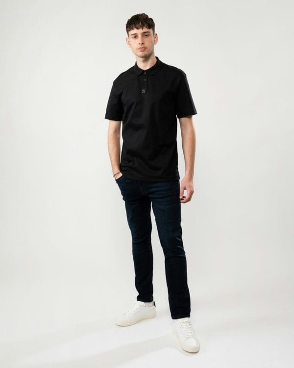 HUGO Deabono Mens Interlock Cotton Polo Shirt with Stacked Logo - Black 001