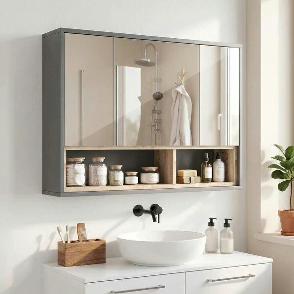 Bathroom Mirror Cabinet, Wall Mounted Bathroom Cabinet with Mirror, 3 Doors and Cupboards, Grey - Grey