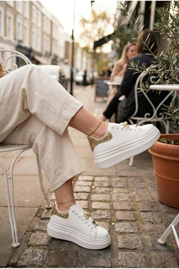 Sloane White Platform Trainers - Gold