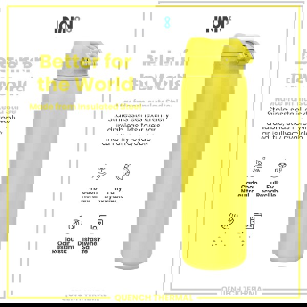 A yellow insulated steel water bottle sits against a white background. The bottle is described as durable, recyclable, carbon neutral, odour resistant, and dishwasher safe.