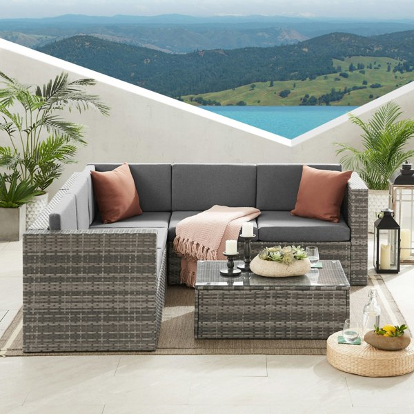 Outdoor Living The Tatton Grey Rattan Garden Furniture 6 Seat Corner Sofa and Coffee Table Patio Set