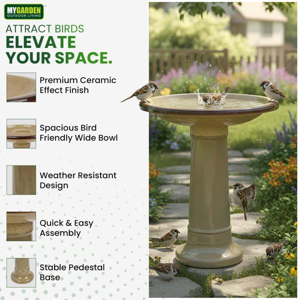 My Garden Outdoor Living Garden Bird Bath Ceramic Effect-Free-Standing Bird Bath for Garden & Outdoor-Weather Resistant Finish, Stable Pedestal Base