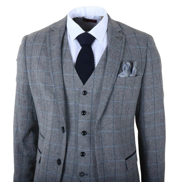 Paul Andrew Harris - Men's Grey 3 Piece Herringbone Check Tweed Suit
