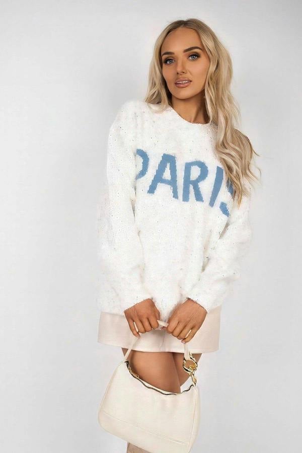 Jalina Long Sleeve Oversized Knitted Jumper With Paris Slogan - Beige