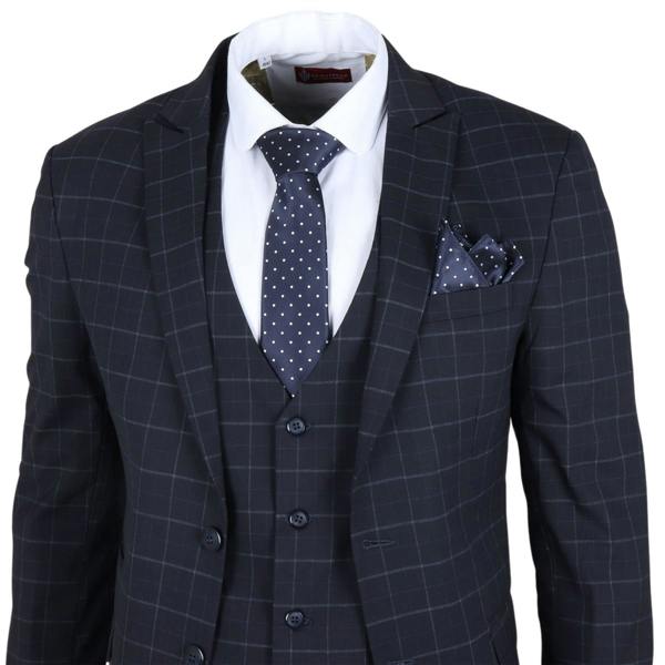 Infinity Leather Men's Navy Checked 3 Piece Suit Tailored Fit