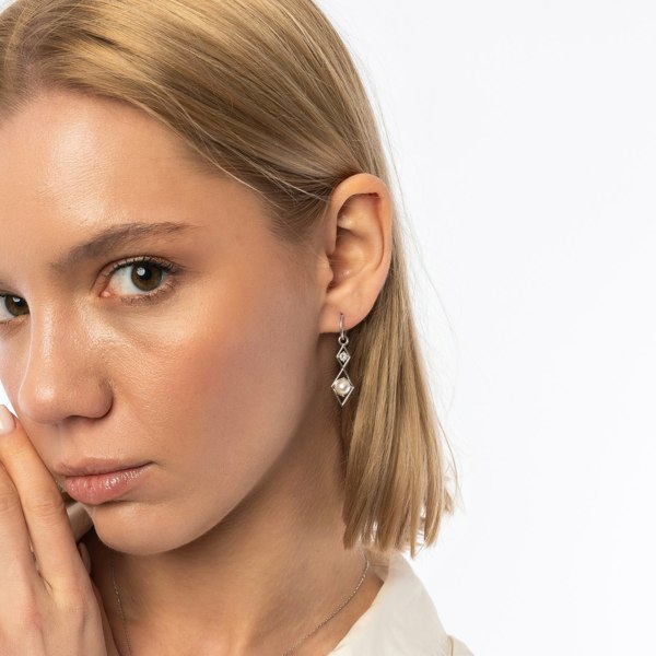 Spero London Sterling Silver Rhombus 3D Pearl Earrings