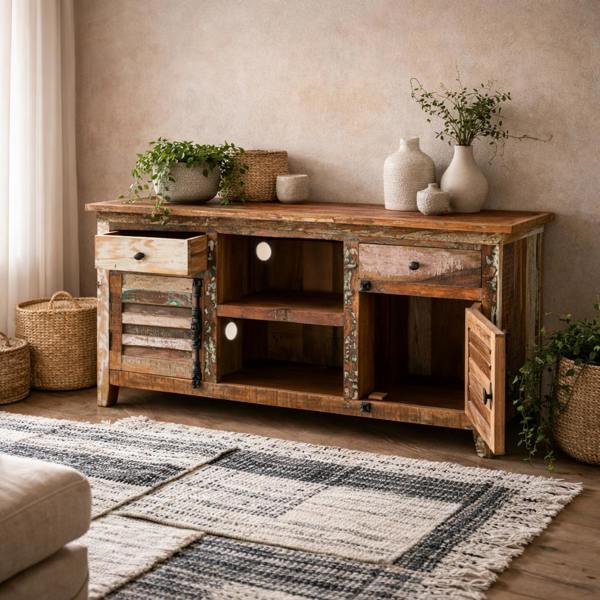 Wyld Haus Seattle Reclaimed Wood Media Sideboard 2 Drawers 2 Doors 1 Shelf