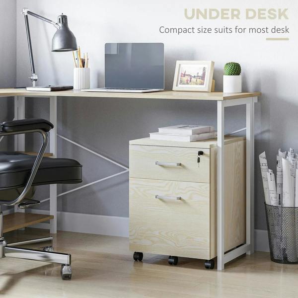Oak wood locking filing cabinet with two drawers on five rolling wheels