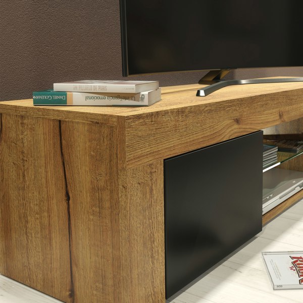 Mex Furniture 130cm Oak TV Unit Sideboard Cabinet with Black Matt Doors and Free LED Lights