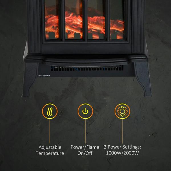 Black electric fireplace front vent area with control icons for adjustable temperature and power.