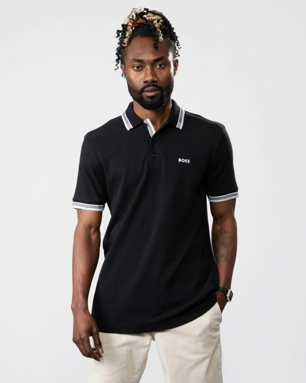 BOSS Green Paddy Mens Cotton-Piqué Polo Shirt with Contrast Logo - Black 001