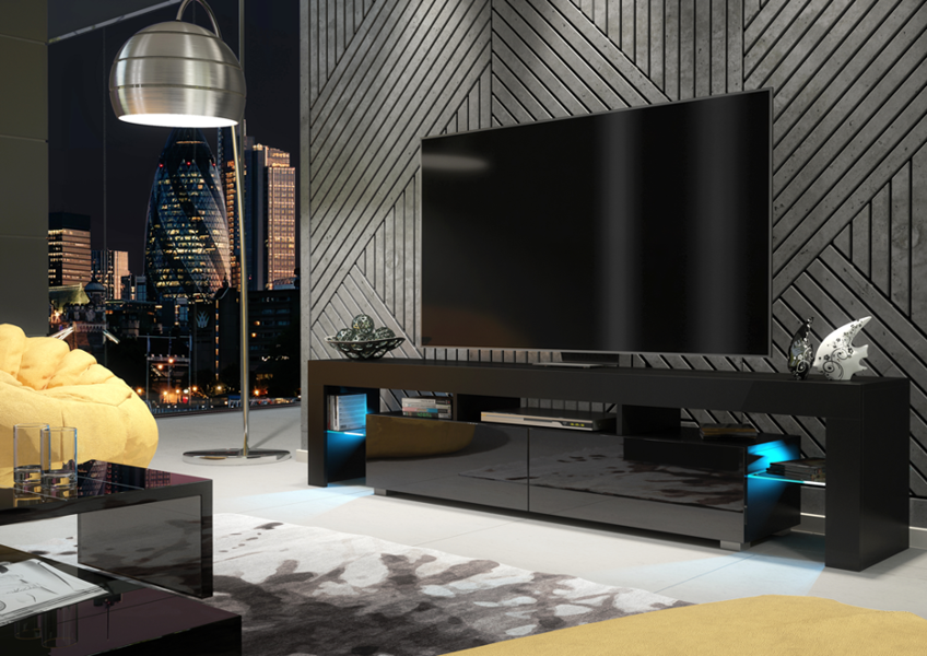 Mex Furniture Sleek 200cm TV Unit Modern Cabinet TV Stand Black High Gloss Doors with Free LED