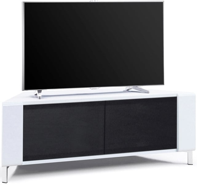 MDA Designs CORVUS Corner-Friendly Gloss White Contemporary Cabinet with White Profiles Black BeamThru Glass Doors for Flat Screen TVs up to 50"