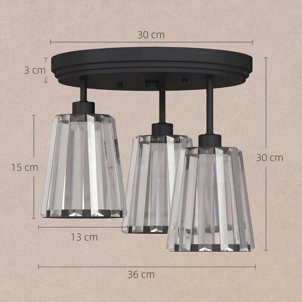 3-Light Crystal Glass Ceiling Light, Triple Head with Dual Mounting, Modern Ceiling Lamp for Living Room, Black