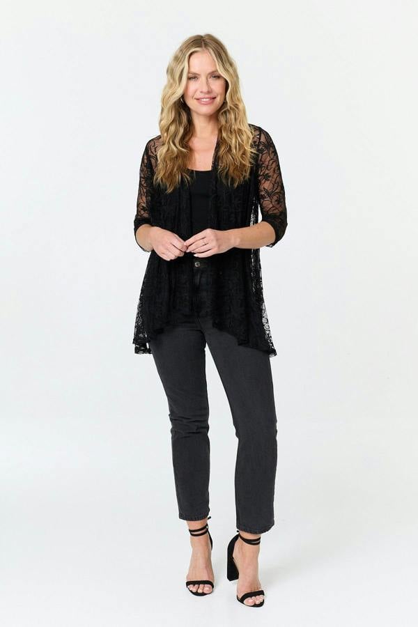 Black | Longline Lace Texture Waterfall Cardigan