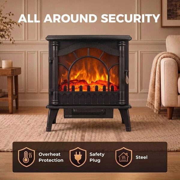 3-Sided Glass Electric Fire Fan Heater, Electric Fireplace Stove Freestanding Log Burner with Flame Effect, Black