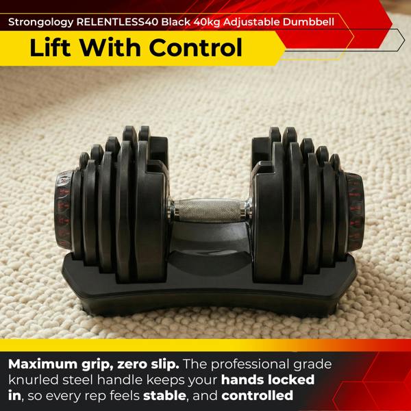 Homeology RELENTLESS40 Adjustable Smart Dumbbell 5kg to 40kg Single Home Fitness Training Weights Black