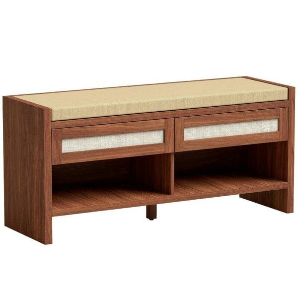 Boho Shoe Bench with 2 Rattan Drawers, Shoe Storage Bench with Cushioned Seat and Open Shelf Brown