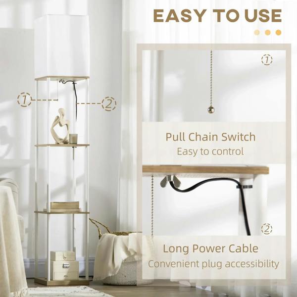 White tall floor lamp with fabric shade, pull chain switch, and long power cable