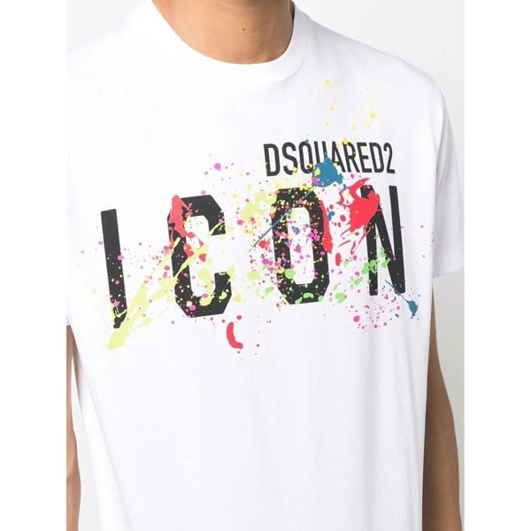 Dsquared Paint-Splattered ICON Cool-Fit T-Shirt   in  White